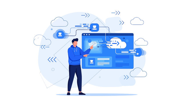 Man interacting with cloud computing interface, digital data transfer