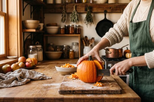 Rustic Autumn Cooking - Fresh Pumpkin Kitchen Lifestyle