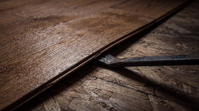 A vintage metal crowbar prying open a rough wooden board.