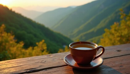 Obraz premium Ceramic brown mug with fresh hot coffee sits on wooden table surface outdoors. Mountain valley scenery appears in blurred background at golden sunrise hour. Tourist enjoys quiet morning beverage