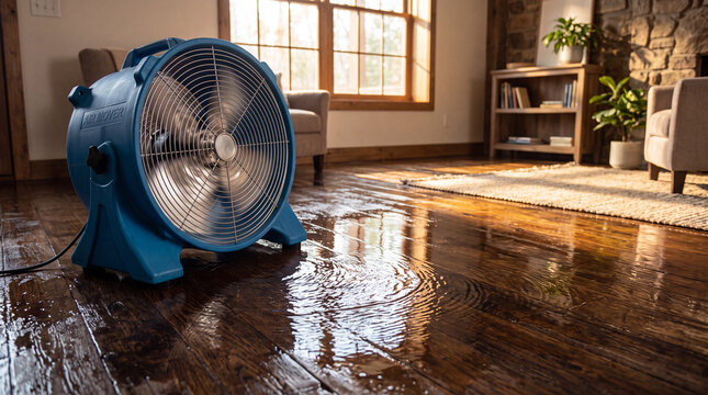 Industrial air mover fan drying wet wooden floor.