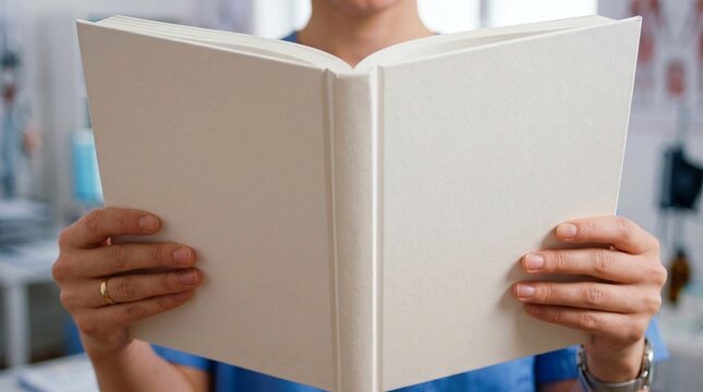 Close-up of an unrecognizable nurse in blue scrubs holding an open blank white medical book mockup in a clinic. Healthcare education and medical literature design template