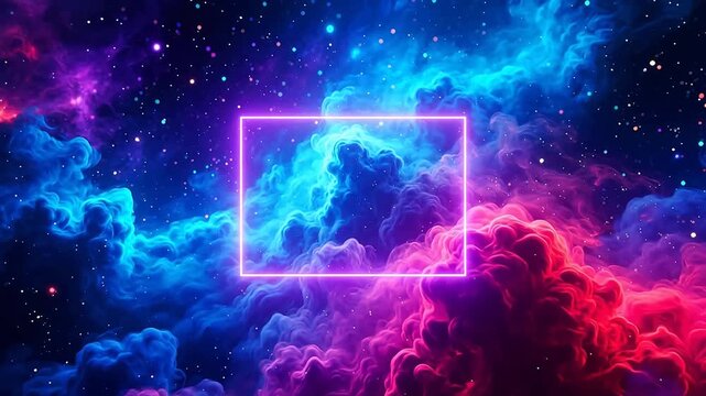 Purple neon rectangle in cosmic nebula