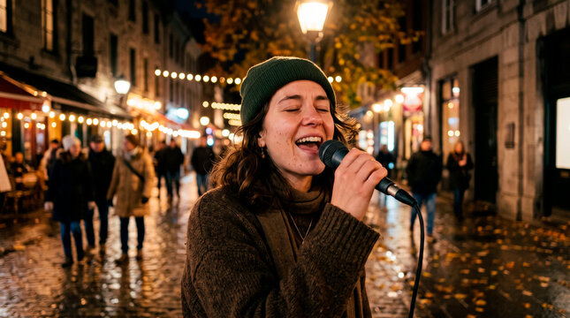 Woman singing into microphone on a wet city street at night with string lights