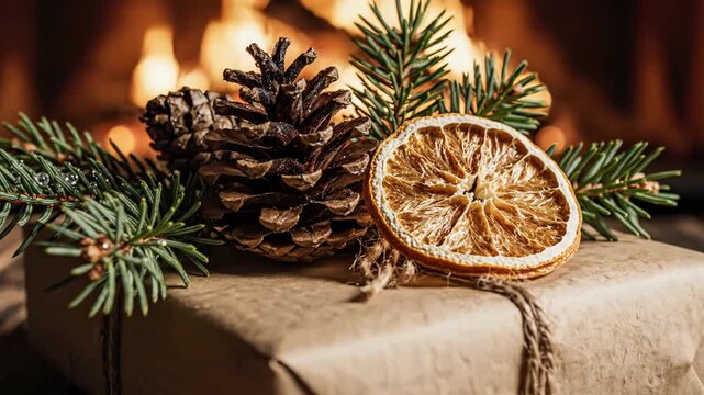 Rustic Christmas gift box wrapped in brown kraft paper with twine, decorated with a pine branch, pine cone, and dried orange slice on wooden surface with fireplace bokeh.