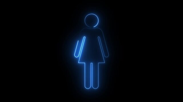 Blue neon woman icon glowing female figure sign restroom bathroom toilet symbol on black background.