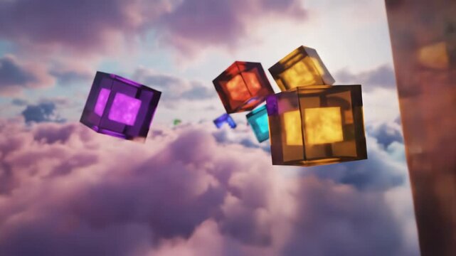 Abstract 3D render of multicolored translucent glowing cubes floating among soft pastel clouds at dawn, featuring cinematic lighting and shallow depth of field focus.