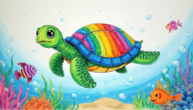 Childrens illustration of a happy rainbow turtle swimming underwater with colorful fish among coral reefs and bubbles. This hand-drawn art evokes a sense of wonder and joy in marine life.