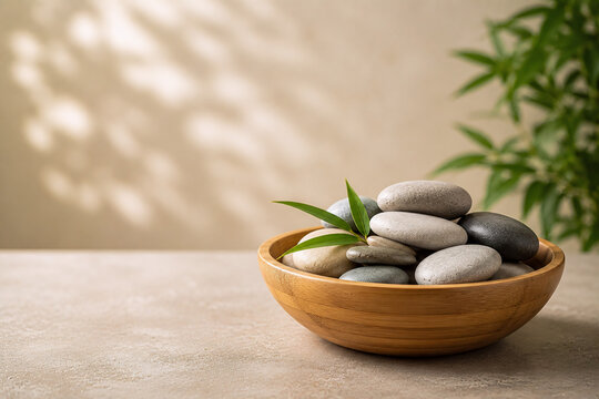 Zen-Steine in Holzschale mit Bambusbl&auml;ttern f&uuml;r Wellness, Spa und entspannende Atmosph&auml;re