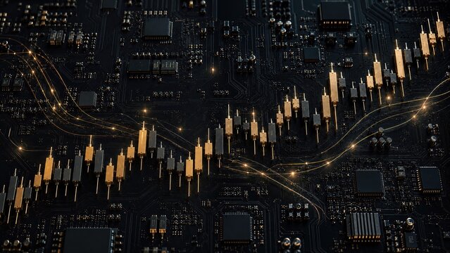 Investment concept of rising AI and semiconductor stocks with candlestick chart