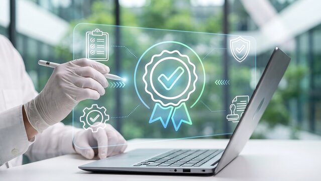 Laboratory quality control and certification standard for industry compliance concept. Scientist gloved hand using laptop with award badge checkmark, checklist and gear icon for safety audit