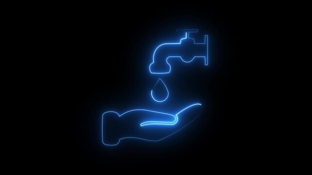 Blue neon hand washing icon with faucet water drop on black background glowing wash hands sign background.