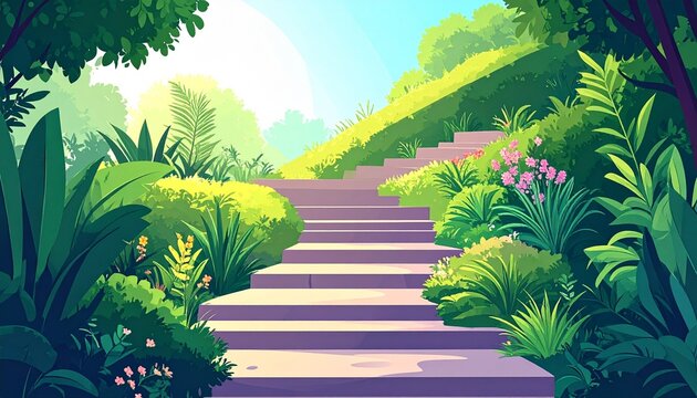 Tropical garden pathway with vibrant green foliage and stepping stones.