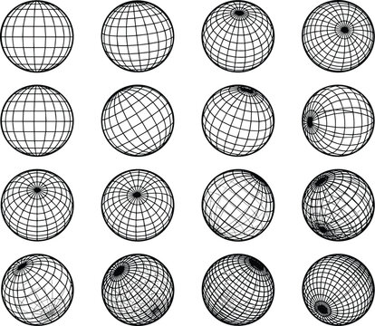Minimalist Wireframe Globe Grid Icon Set Featuring 3D Sphere Line Art Variations of Planet Earth Longitude and Latitude Ornaments for Tech Graphic Designs