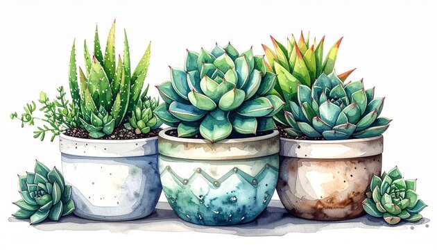 Decorative potted succulent plants arrangement indoors.