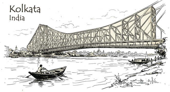 Hand Drawn Howrah Bridge Kolkata India Vector Illustration Featuring Hooghly River Traditional Boats and City Landmark Scenery in Vintage Sketch Art Style