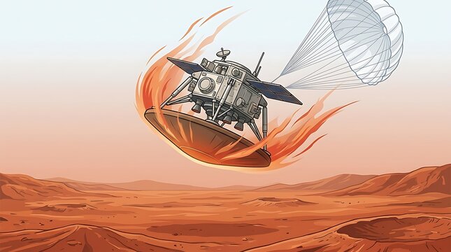 Space probe landing on a red planet with heat shield and parachute