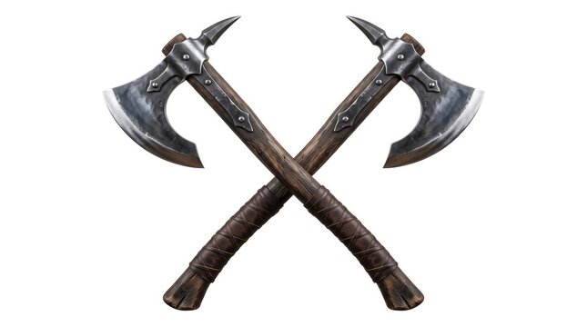 Two crossed battle axes on a wooden surface. Medieval weaponry and combat tools for historical or fantasy themes.