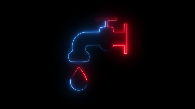 Red and blue neon faucet icon with water drop on black background glowing tape leak plumbing symbol.