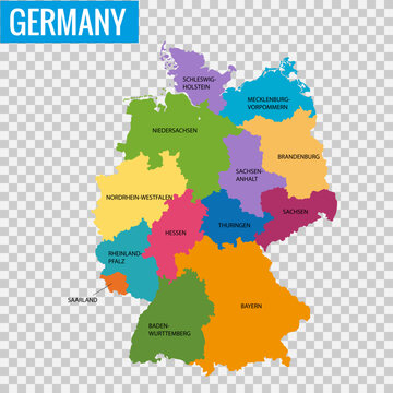 Colorful political map of Germany with labeled federal states isolated on transparent background.