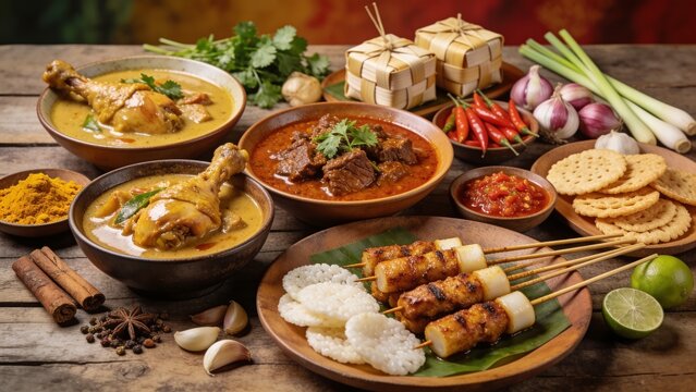 A festive Eid feast featuring Indonesian dishes: opor ayam, rendang, sate with lontong, crackers, sambal, and ketupat. Served on a rustic wooden table with traditional spices and ingredients