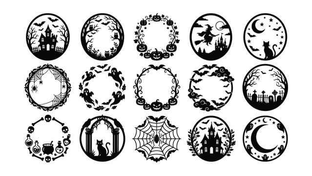 Halloween circular frames with spooky motifs isolated on white background. Ideal for creative seasonal invitations.