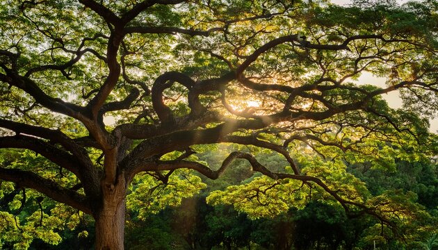 Large Branches Of A Rain Tree With Vibrant Green Leaves Provide A Background Illuminated By Sunlight