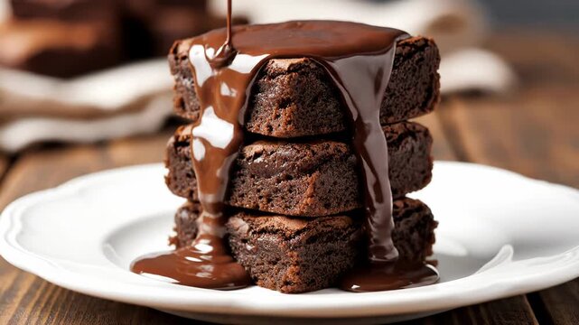 Close-up of three stacked fudgy chocolate brownies on a white ceramic plate with melted dark chocolate sauce drizzled over the top, set on a rustic wooden table backdrop.