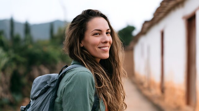 A smiling woman with long hair walks along a narrow village path beside whitewashed buildings under soft daylight