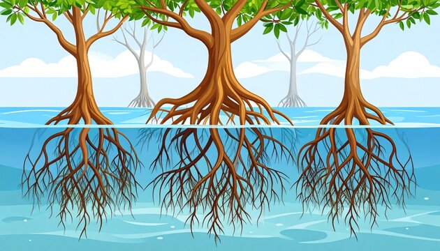 Mangrove roots submerged in crystal clear tropical water.