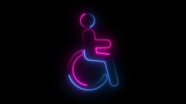 Pink and blue neon wheelchair handicap icon glowing disabled accessibility restroom sign on black background.