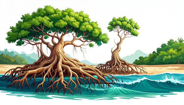 Majestic mangrove trees with exposed roots in tropical lagoon.