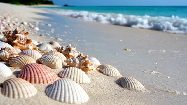 Tropical beach shoreline with seashells and gentle ocean waves, relaxing summer vacation background, peaceful coastal seascape with white sand