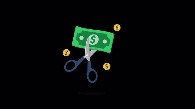 Animated Scissors Cutting a Dollar Bill  - Transparent