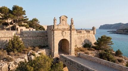 Fototapeta premium The ancient Portal de ses Taules stone gate serves as the main entrance to the fortified old town of Dalt Vila in Ibiza, Spain.