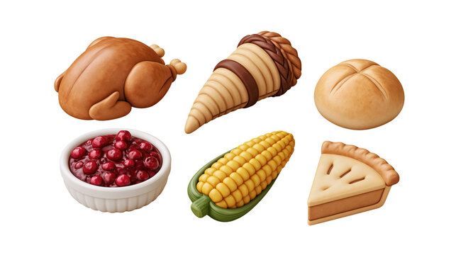 Sweet thanksgiving harvest icon collection with roast turkey cornucopia dinner roll cranberry sauce corn cob and pumpkin pie isolated on transparent background for autumn feast design