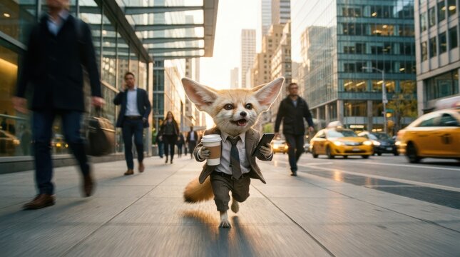 Charming innovative fennec fox in suit rushing in corporate modern office environment