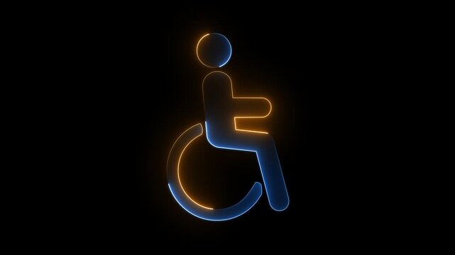 Yellow and blue neon wheelchair handicap icon glowing disabled accessibility restroom sign on black background.