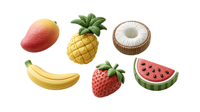 Sweet tropical fruit icon collection with ripe mango pineapple coconut banana strawberry and watermelon slice isolated on transparent background for tropical juice bar design