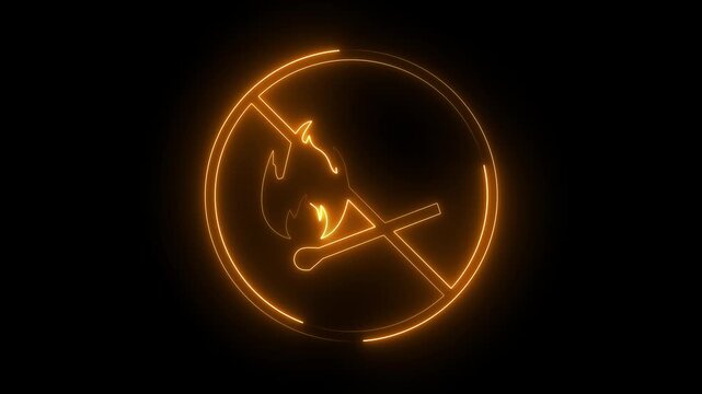 Pink and yellow neon no fire prohibition icon glowing forbidden open flame match sign on black background.