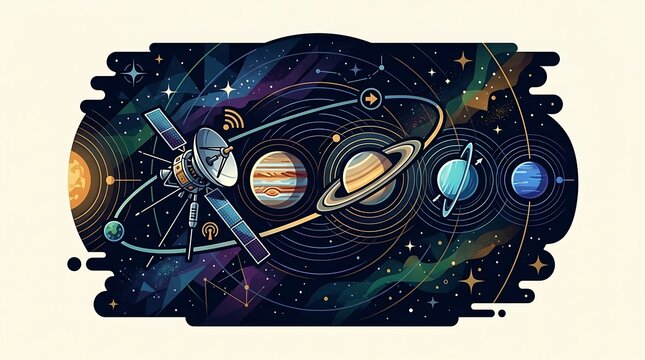 Artistic solar system map with space probe and planetary orbits