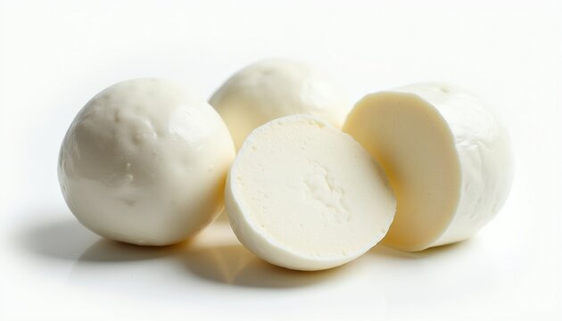 White mozzarella cheese balls on white background. Round soft dairy product pieces with smooth texture. One snack cut in half to show fresh curd inside. Italian gourmet food for salad recipe menu