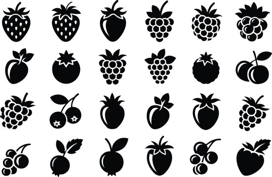 Berry fruit icons collection with strawberries raspberries and blueberries silhouette vector symbols