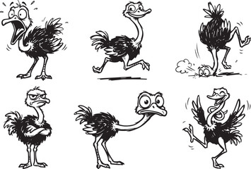 Obraz premium Set of ostriches. Hand drawn vector illustration