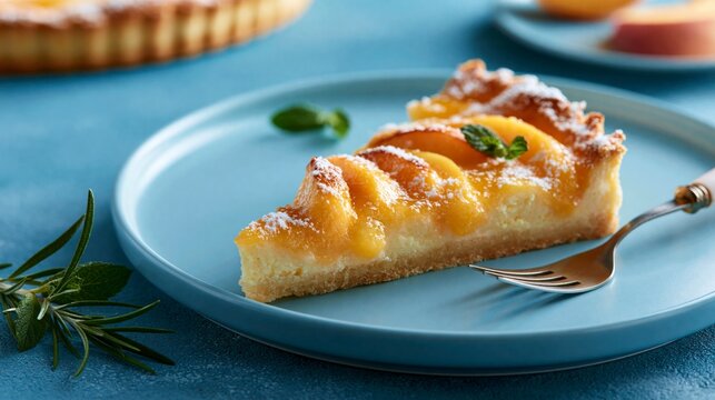 Tarta de melocot&oacute;n en un plato en la mesa