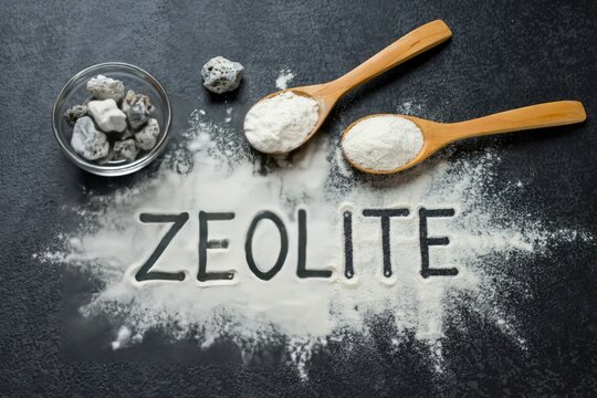 Zeolite powder and raw mineral stones on a dark textured surface