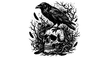 Obraz premium Dark Vintage Raven Skull Engraving Grunge Monochrome Vector T Shirt Illustration