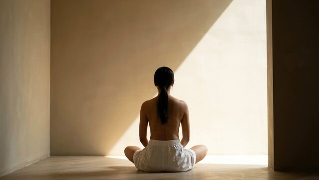 Woman sitting in lotus position, back view against a light wall