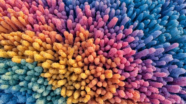 An extreme close-up macro shot of a colorful shaggy rug texture featuring dense, vibrant yarn fibers in shades of blue, purple, pink, and yellow.