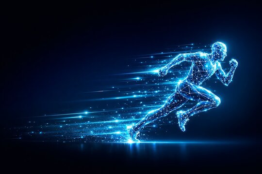A futuristic blue wireframe running athlete moving at high speed, representing digital technology, artificial intelligence, and fitness.